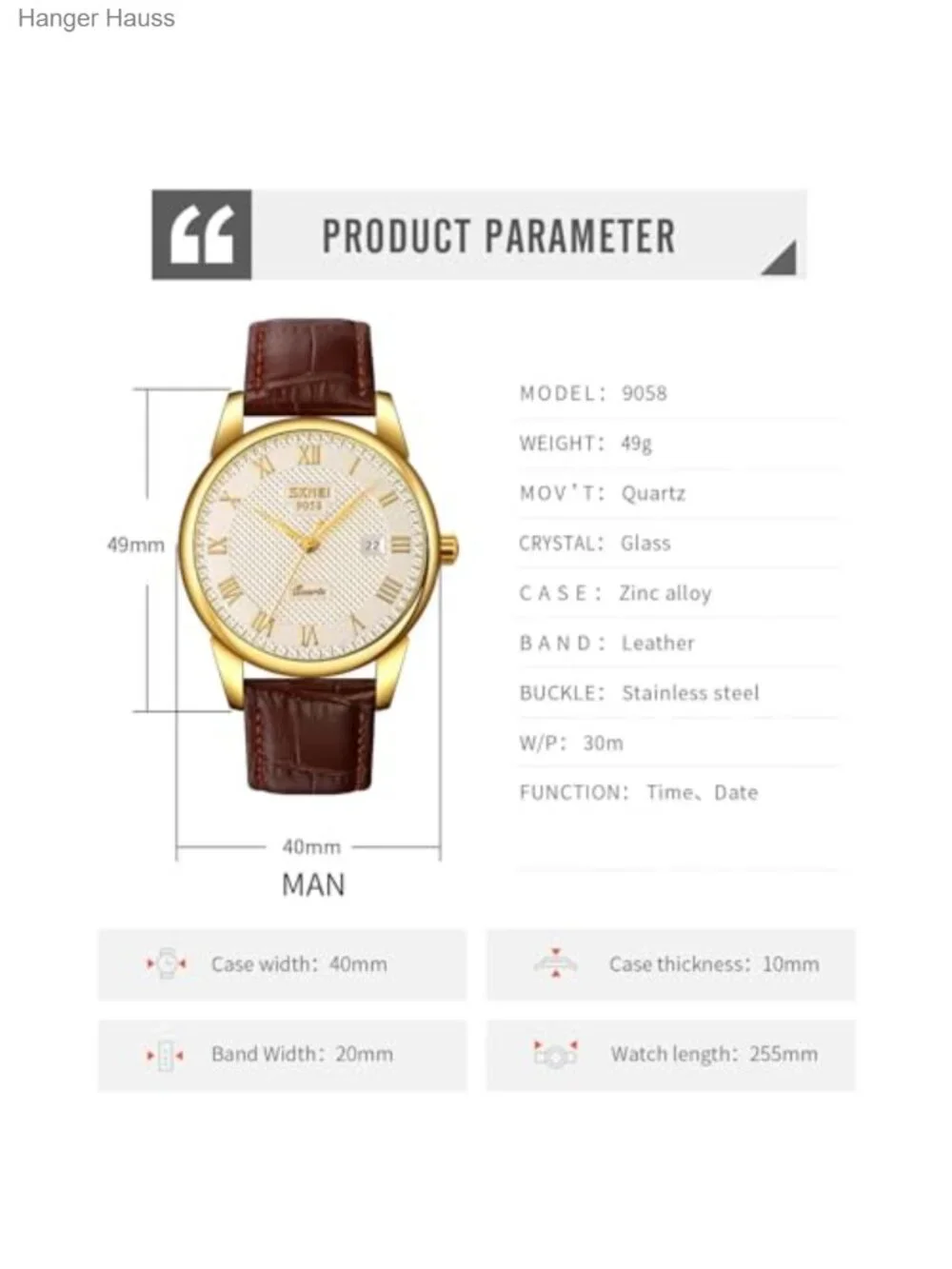 Men's Business Casual Quartz Watch with Leather Strap Roman Numeral White Dial